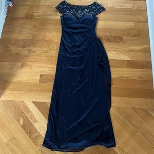 Xscape Beaded Yoke Cap Sleeve Illusion Ruched Cascade Ruffle Side Gown